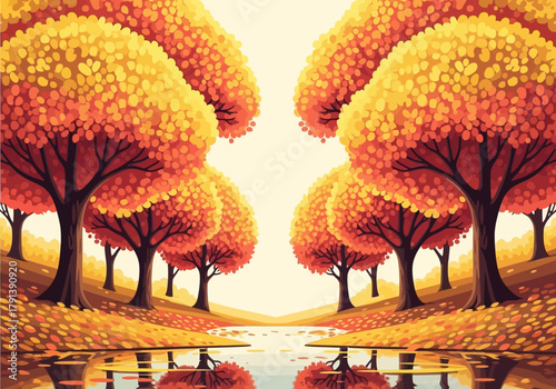 Autumnal trees frame a still body of water with rich orange and yellow foliage