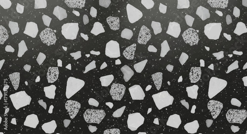 Charcoal terrazzo pattern with silver granite fragments and white quartz pieces, sleek modern industrial style, Monochrome terrazzo pattern, Luxury black terrazzo flooring and wallpaper