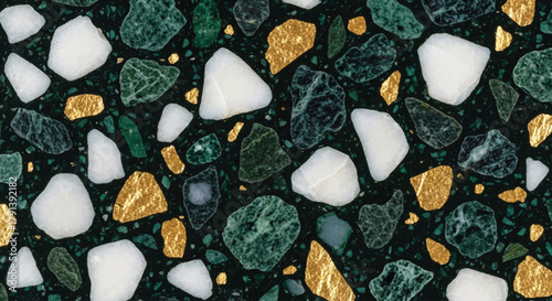 Luxurious terrazzo pattern with green marble, gold flakes, and white stone chips on dark emerald background