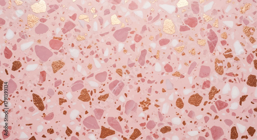 Rose gold terrazzo with blush pink marble chips and metallic copper flakes on soft pink background, Soft pastel pink and gold terrazzo wallpaper