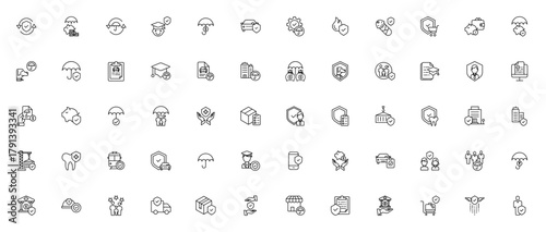 Insurance icon set. Vector illustration. Shield, savngs, car insurance, life isurance, pet insurance, faily protection, travel insrance, health insurance an more. Minimalist line icos.
