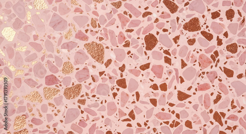 Rose gold terrazzo with blush pink marble chips and metallic copper flakes on soft pink background, Glamorous pink terrazzo background, Glitter rose gold aggregate
