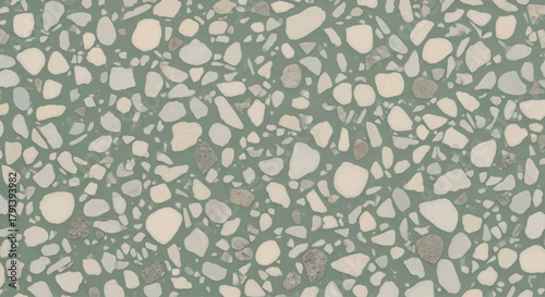 Sage green terrazzo pattern with cream and grey stone chips, Natural organic aesthetic, Soft green terrazzo flooring or wallpaper