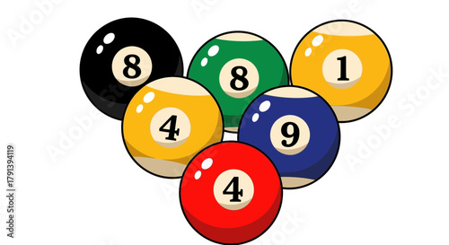Six billiard balls arranged in a triangular formation, displaying numbers 1, 4, 8, and 9 against a white background.