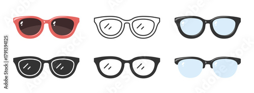 Eyeglasses transparent lens and dark sunglasses in modern frame set. Shades simple outline, flat, silhouette, glyph fashion spectacles. Vintage casual glass minimal stylish eyewear, fashion accessory