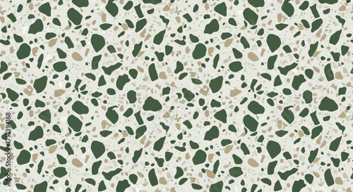 Green and neutral color palette terrazzo wallpaper texture, Flat lay of retro mid century style terrazzo surface, solid color palette forest green, white, beige