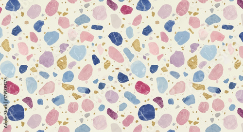 Terrazzo pattern with colorful marble chips in pink, blue, and gold scattered on cream background, Funky retro terrazzo surface, Pastel and cobalt blue marble aggregate