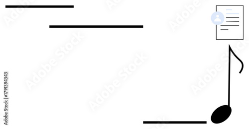 Bold musical note positioned on a staff with a document icon suggesting creativity, structured communication, or music composition process. Ideal for creativity, education, communication