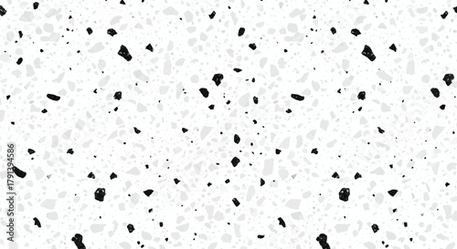 White terrazzo background with small grey and black marble pieces, White terrazzo surface, Elegant grayscale terrazzo wallpaper and flooring