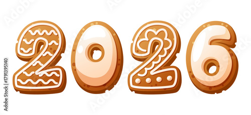 Gingerbread cookies shaped as the numbers 2026. The cookies are decorated with white icing and intricate designs. They have a golden-brown color and a festive appearance.