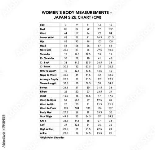Women size Japan centimeters chart measurements for bust, waist, hips, sleeve, shoulder, height guide. Standard sewing fashion tailoring reference for female body proportions sizes