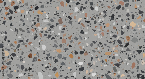 Modern concrete terrazzo, Cement grey with multicolored marble and quartz chips, Abstract interior surface pattern, Industrial chic