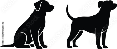 Black dog silhouette sitting and standing, pet animal vector illustration, canine breed outline graphic design, domestic puppy artwork, isolated