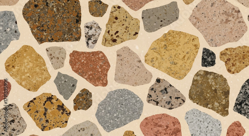 Vintage terrazzo texture with large granite fragments in earth tones, beige base, Retro 1970s style