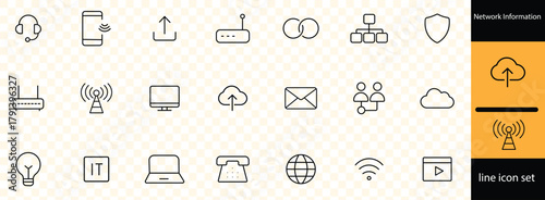 Network line icon set . Linear Icons, Including connection, communication, technology, internet, IT, router, signal, wireless and more..