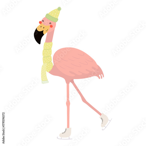Flamingo in a hat, scarf, ice skating isolated on transparent. Hand drawn flat vector illustration. Cute cartoon character. Traditional Christmas, New Year design element, clip art