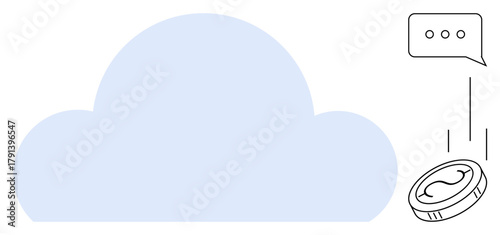A large blue cloud represents remote data storage while a coin indicates payment possibilities. Speech bubble symbolizes communication. Ideal for tech innovation, online transactions, cloud