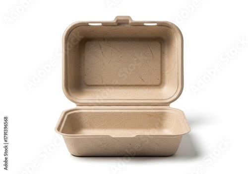 Unfolded biodegradable molded fiber clamshell container sits against a white background