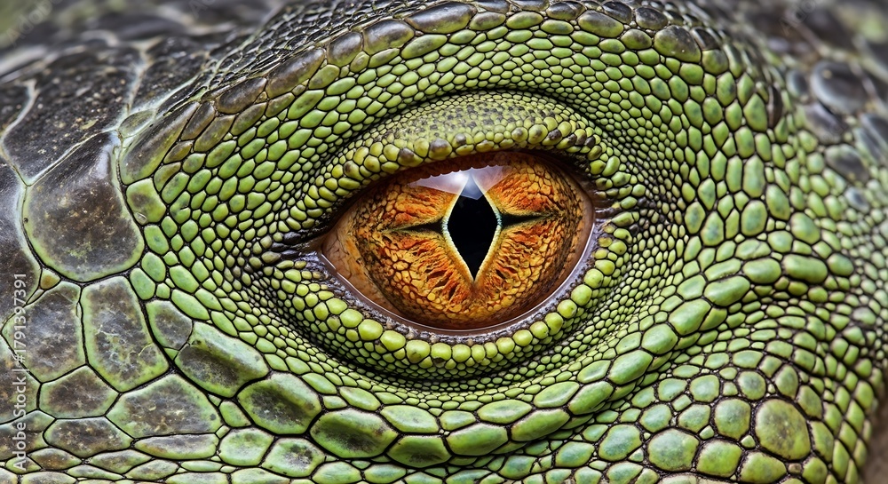 Fototapeta premium Intense Gaze - A Close-Up of an Iguanas Striking Eye.