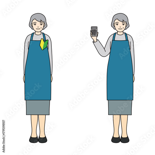 Senior woman in apron with calculator and beginner mark on chest