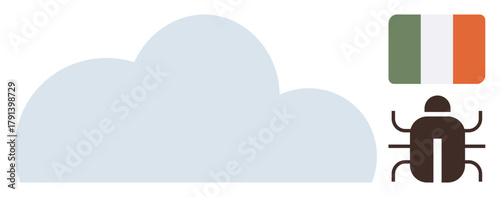 Cloud computing symbol with Irish flag and malware icon, representing cybersecurity risks in the digital age. Ideal for networks, threats, internet, IT, privacy, protection, digital challenges
