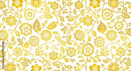 Ornate golden floral pattern on black background creates rich texture