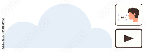 Cloud icon with user accessing via voice input and playback button. Ideal for technology, cloud services, data storage, accessibility, voice control, tech innovation, modern interface. Simple flat