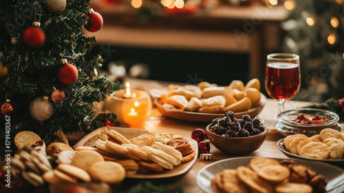 festive table with snacks and a Christmas tree