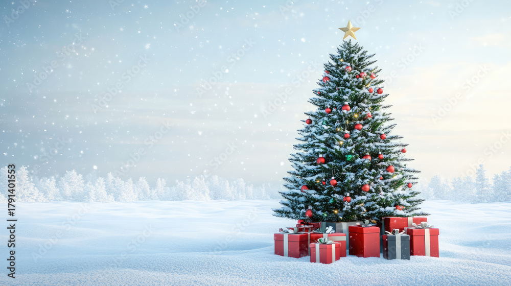 Obraz premium Christmas tree with presents in snowy landscape