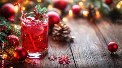 Festive Holiday Drinks with Christmas Decorations on Wooden Table