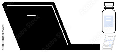 Minimal laptop, medicine bottle, and phone with healthcare data, emphasizing health tech development. Ideal for telemedicine, research, medical innovation, remote monitoring, e-health pharmaceutical