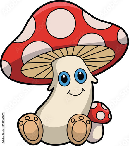 Cute cartoon mushroom character sitting happily, adorable fantasy fungus illustration for kids design, playful red toadstool artwork for merchandise graphics