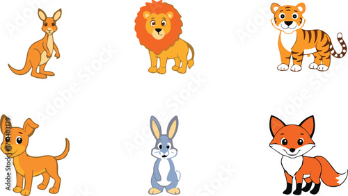 Cute cartoon animals collection illustration, kangaroo lion tiger dog rabbit fox characters, adorable wildlife art for children education design