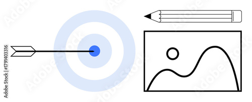 Arrow piercing bullseye, pencil for creativity, abstract image suggesting vision and imagination. Ideal for goals, accuracy, creativity, success, inspiration design conceptual thinking. Simple flat