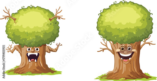 Cartoon happy and scary animated trees, cute forest characters, fantasy illustration, smiling and screaming tree designs, children’s nature artwork concept