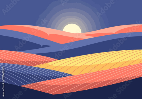 Stylized rolling hills and fields at sunset or sunrise under a dark blue sky