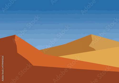 Stylized desert landscape featuring layered sand dunes against a clear blue sky