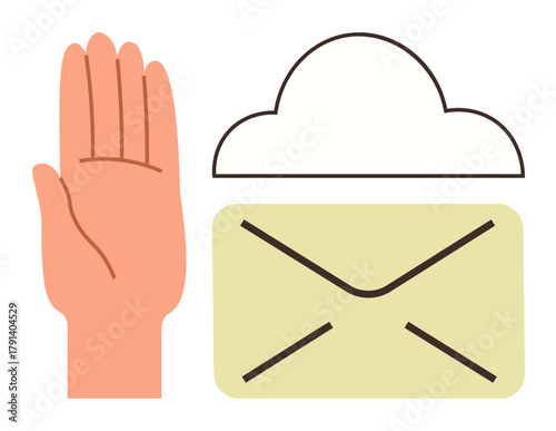Raised hand rejecting letter under cloud, representing email privacy, spam prevention, or data security. Ideal for online safety, cloud use, communication, consent cybersecurity protection. Simple