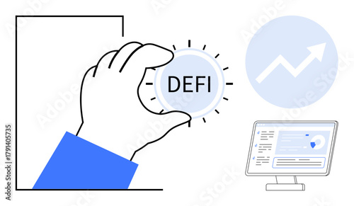 Hand holding DEFI token, a rising graph symbolizing growth, and a desktop screen with analytics. Ideal for cryptocurrency, blockchain, finance, technology, investment, data analysis digital growth