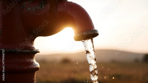 the hand water pump is rusty red, and clear water flows fast
