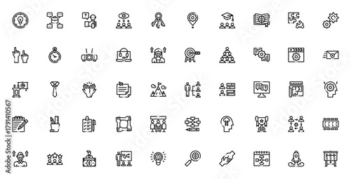 Workshop icon set. Vector illustration. Includes symols for meeting, team, preentation, calendar, laptop target, trophy and more. ditable stroke.