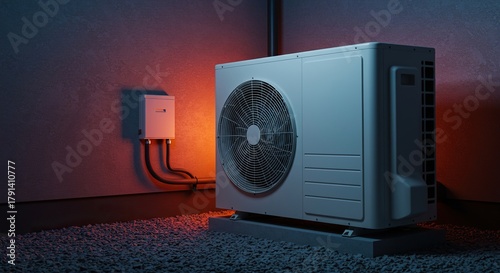 Modern outdoor heat pump unit providing efficient climate control and sustainable energy solutions for comfortable indoor environments ,heat pump ,efficiency ,summer cool