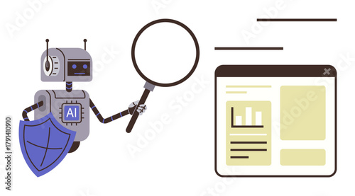 Robot labeled AI inspects browser window with magnifying glass, holding a shield. Ideal for technology, innovation, cybersecurity, data analysis, artificial intelligence, research automation. Simple
