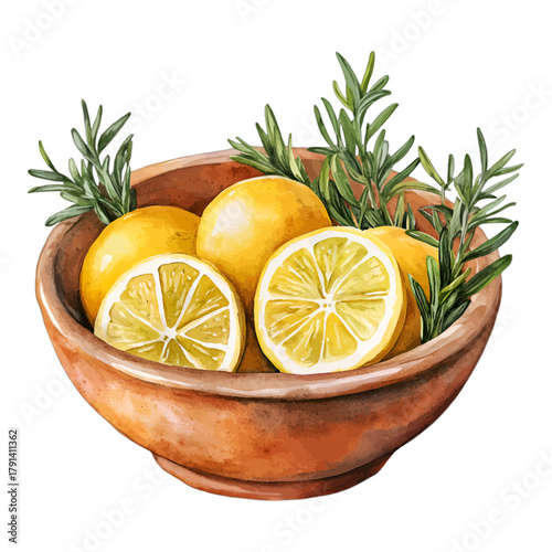 Watercolor Rustic Bowl with Fresh Lemons and Rosemary Vector Illustration
