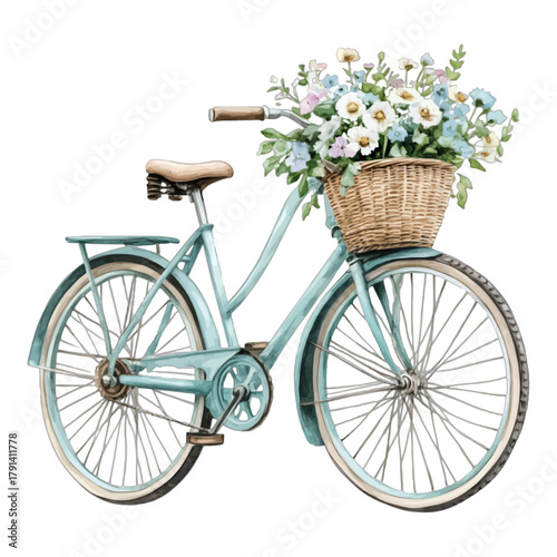 Watercolor Vintage Blue Bicycle with Wicker Basket and Spring Flowers Vector
