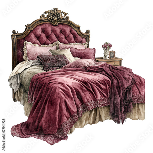 Watercolor Vintage Luxury Bedroom Bed with Tufted Velvet Headboard and Bedding Vector
