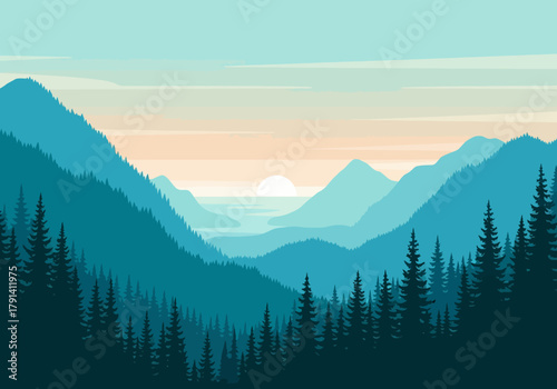 Layered turquoise mountain valley with dark pine silhouette at sunset