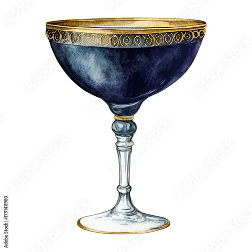 Watercolor Vintage Blue and Gold Rimmed Coupe Cocktail Glass Vector
