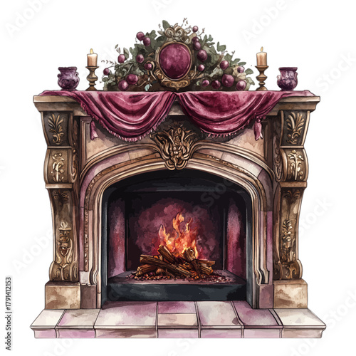 Watercolor Vintage Fireplace Decorated for Christmas Holidays Vector Illustration
