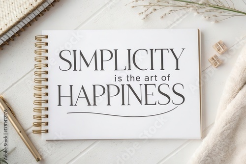 A notebook displaying a quote about simplicity and happiness